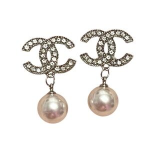 Upcycled Designer Inspired Clear Crystal Logo Pearl Drop Silver Tone Earrings